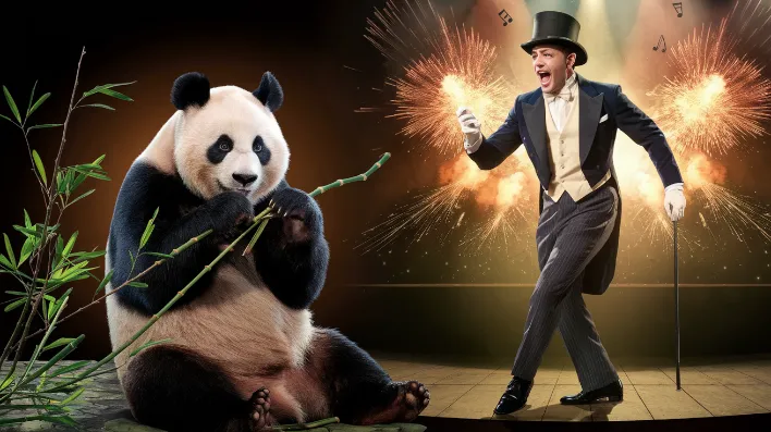 zoo animal photography tips, A desperate photographer performing a full Broadway musical number complete with costume changes and pyrotechnics, while a panda continues eating bamboo with its back turned