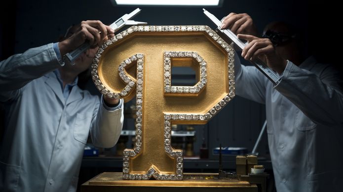 Apple Pro pricing strategy, A dramatically lit letter "P" being carved from solid gold while engineers in lab coats measure it with diamond-encrusted calipers