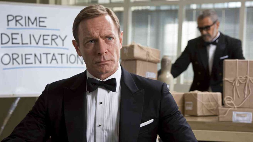 A confused James Bond in a tuxedo sitting through a mandatory Prime delivery orientation, while Q desperately tries to disguise explosive devices as everyday Prime packages