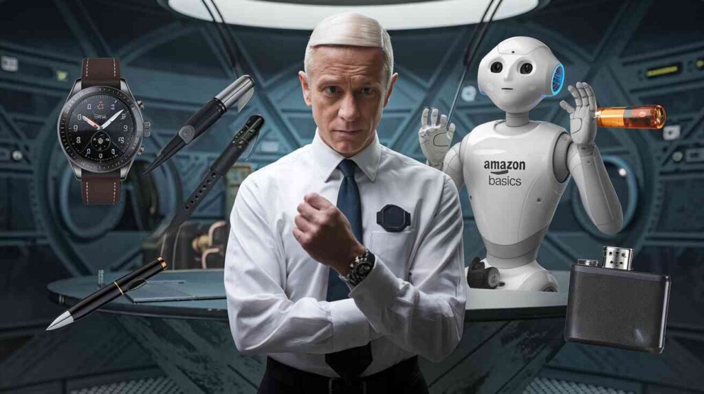 Q demonstrating new Prime-integrated spy gear while an Amazon Basics robot attempts to catalog his entire secret laboratory as "frequently bought together" items