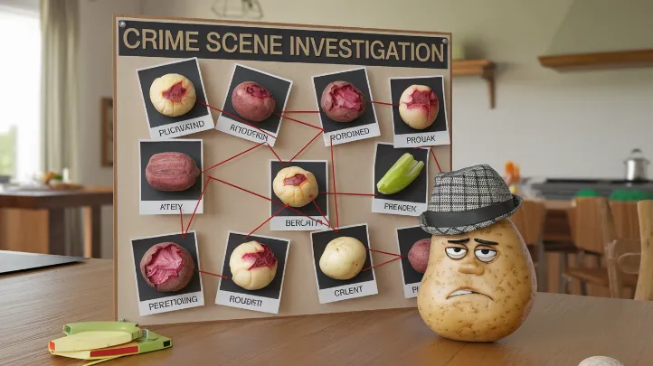 vegetable rights activism, A crime scene investigation board with mug shots of bruised produce, red string connecting various vegetable "incidents," and a tiny detective hat perched on a concerned-looking potato