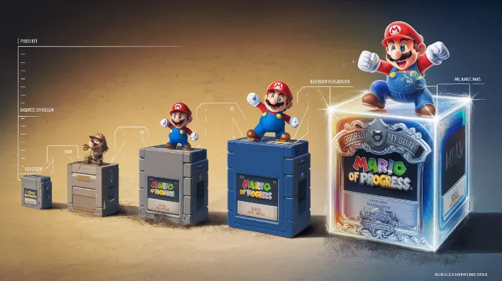 Nintendo game rereleases, A dramatic diorama of the same Mario game cartridge evolving through time like the "March of Progress" evolution chart, with each version getting progressively shinier and more expensive