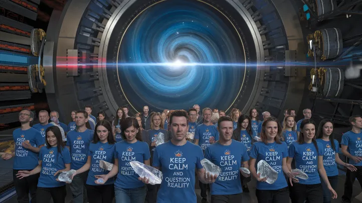 CERN portal conspiracy,A dramatic photo showing the Large Hadron Collider with a swirling interdimensional portal above it, from which dozens of people emerge wearing "Keep Calm and Question Reality" t-shirts while clutching crystals and ancient prophecies