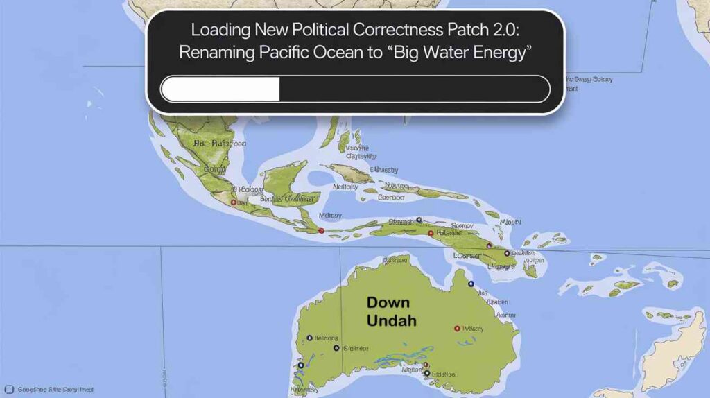 A future Google Maps update screen showing "Loading New Political Correctness Patch 2.0: Renaming Pacific Ocean to 'Big Water Energy'"