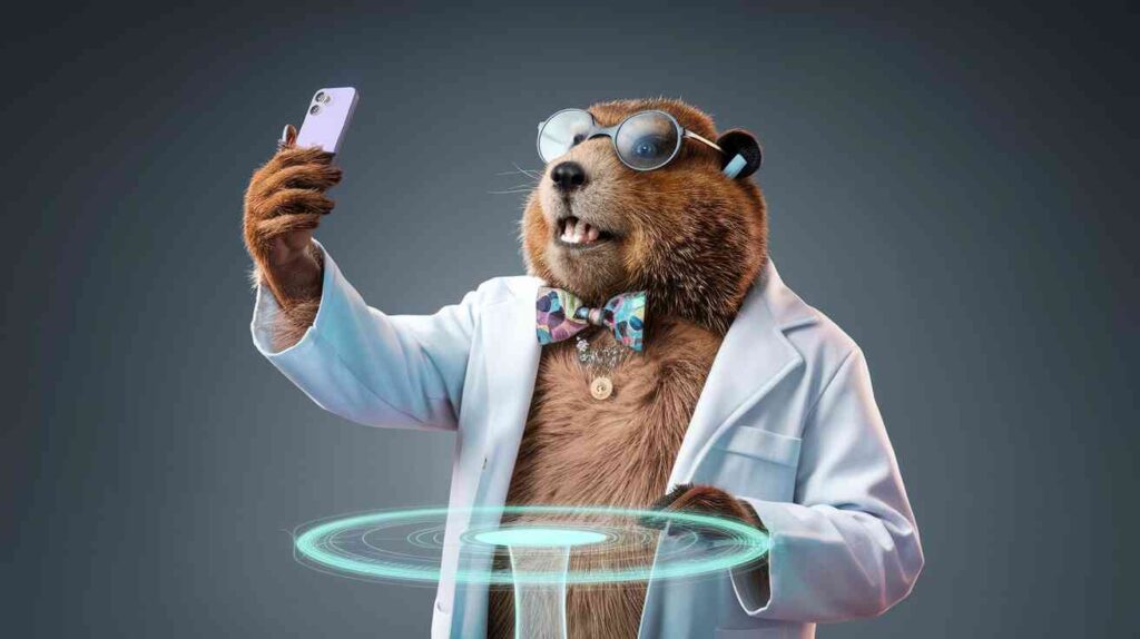 A groundhog wearing a lab coat, designer glasses, and AirPods, standing at a holographic podium while taking a selfie with his shadow