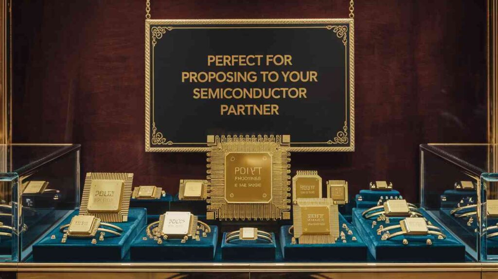 A luxury jewelry store display case filled with golden semiconductor chips instead of rings, with a "Perfect for Proposing to Your Semiconductor Partner" sign