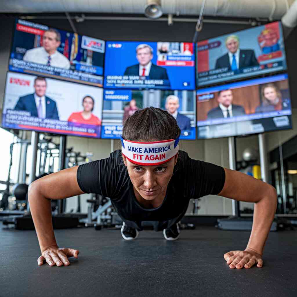 news watching workout routine, A person wearing a "Make America Fit Again" headband, doing "Political Pundit Push-ups" while watching multiple news channels simultaneously