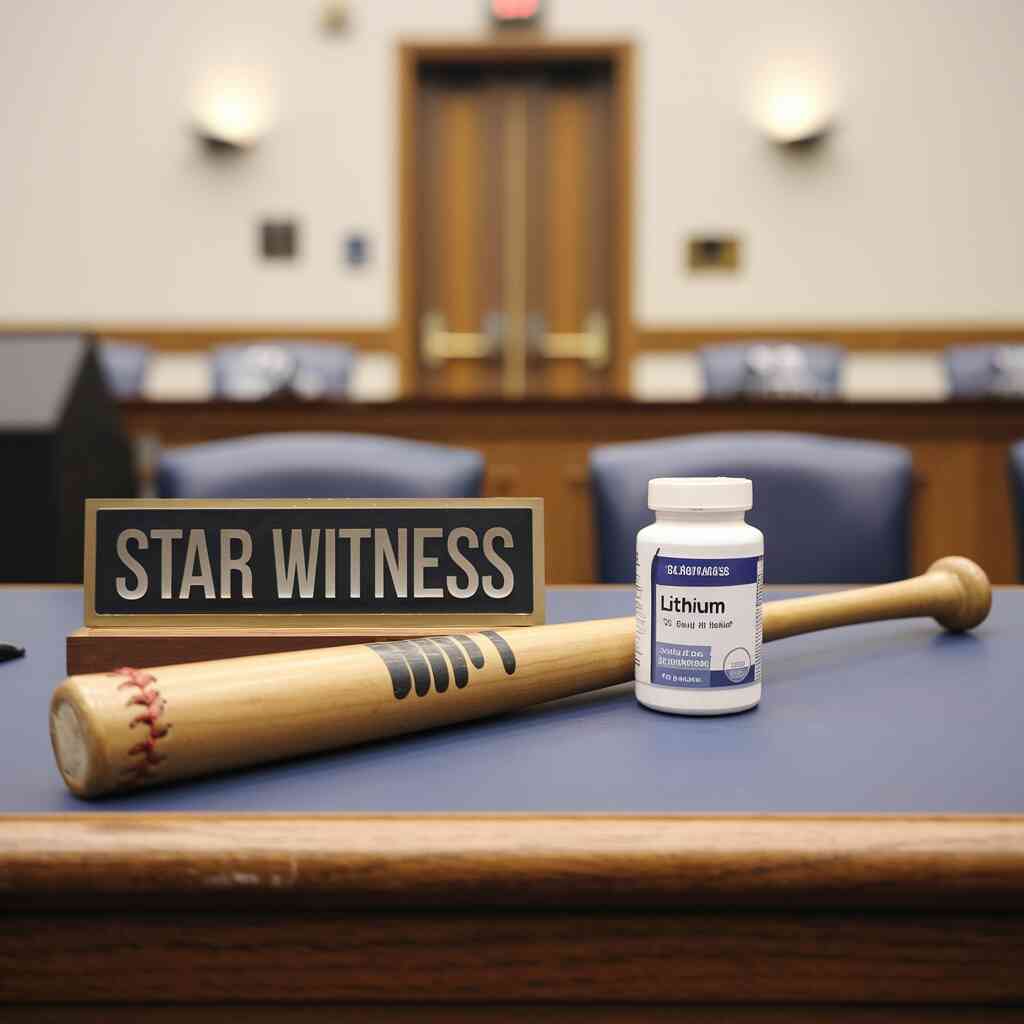 A baseball bat next to a bottle of lithium pills on a witness stand, with a "STAR WITNESS" nameplate that's visibly crooked