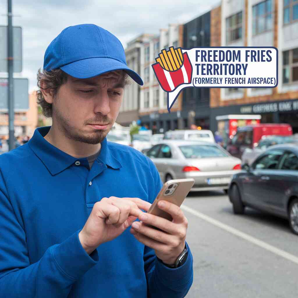 A confused delivery driver staring at their phone while their GPS insists they're currently driving through "Freedom Fries Territory (Formerly French Airspace)"