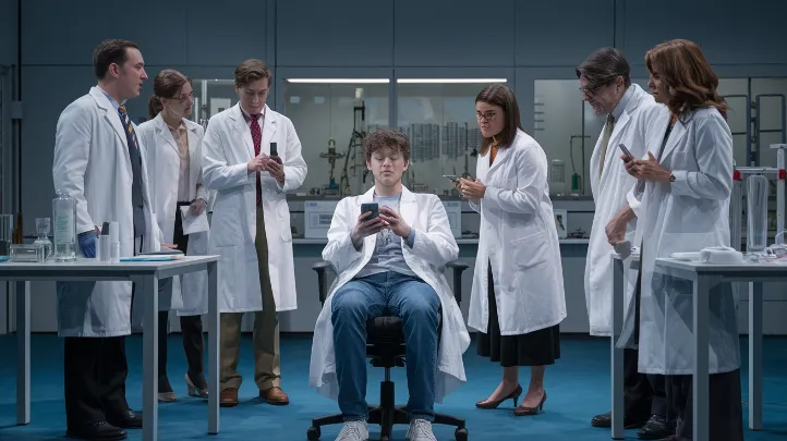 Nielsen ratings outdated metrics, A dramatic recreation of the moment scientists first discovered a young person watching TV on their phone, with researchers in lab coats gasping and taking notes while a teenager rolls their eyes