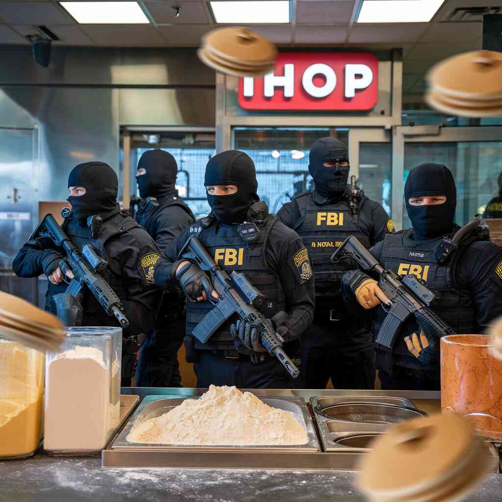 A group of FBI agents in tactical gear performing a no-knock raid on an IHOP kitchen, while pancakes dramatically fly through the air