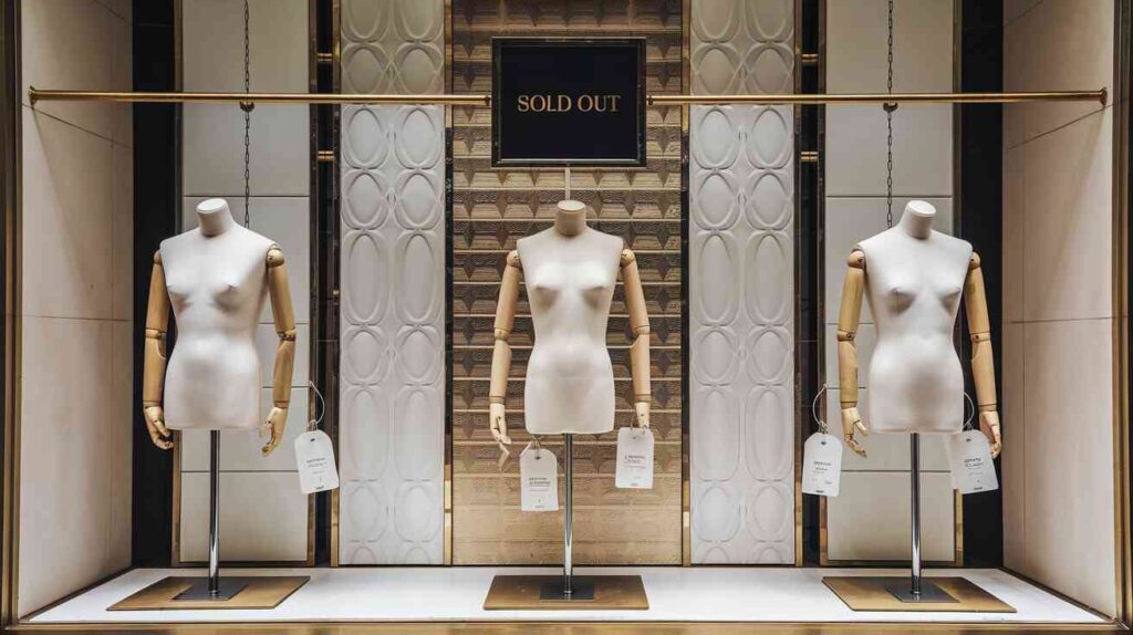 A luxury boutique window display featuring empty mannequins with expensive price tags and a "SOLD OUT" sign