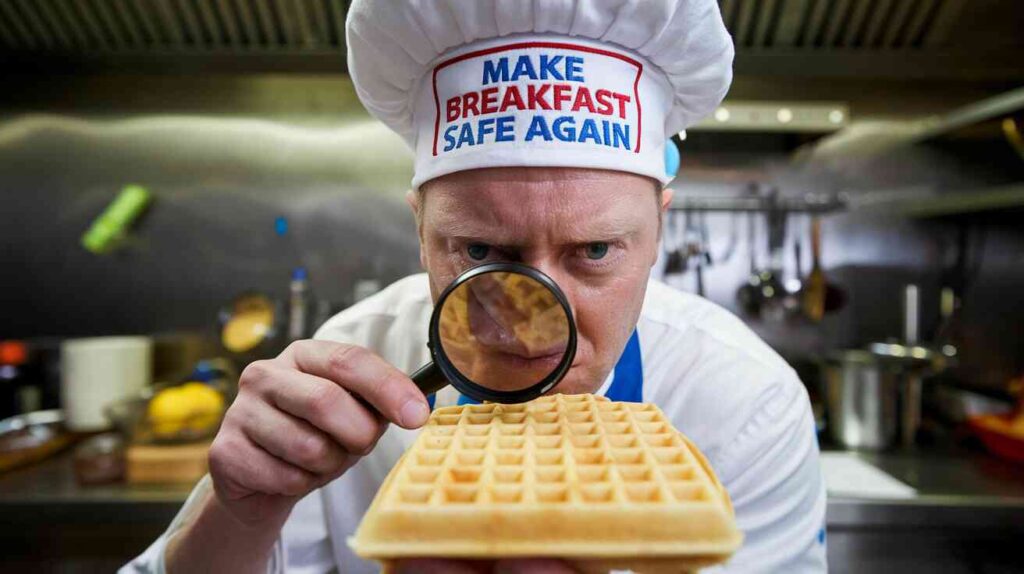 A professional food taster wearing a "Make Breakfast Safe Again" hat while dramatically sniffing a waffle with a magnifying glass