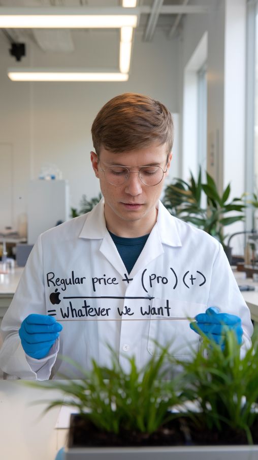 Apple Pro pricing strategy, A scientist in an Apple lab coat studying a complex equation: Regular Price + (Pro × ∞) = Whatever We Want