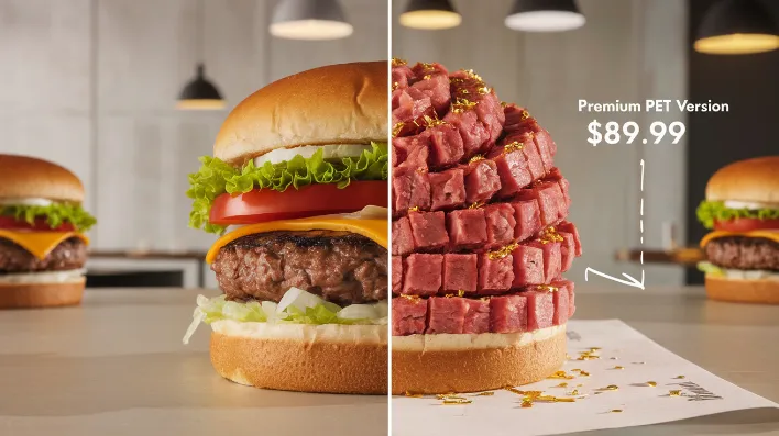 premium pet food marketing, A split screen showing a regular burger next to its "premium pet version" - the exact same burger cut into tiny pieces, arranged in a spiral, sprinkled with gold leaf, and priced at $89.99