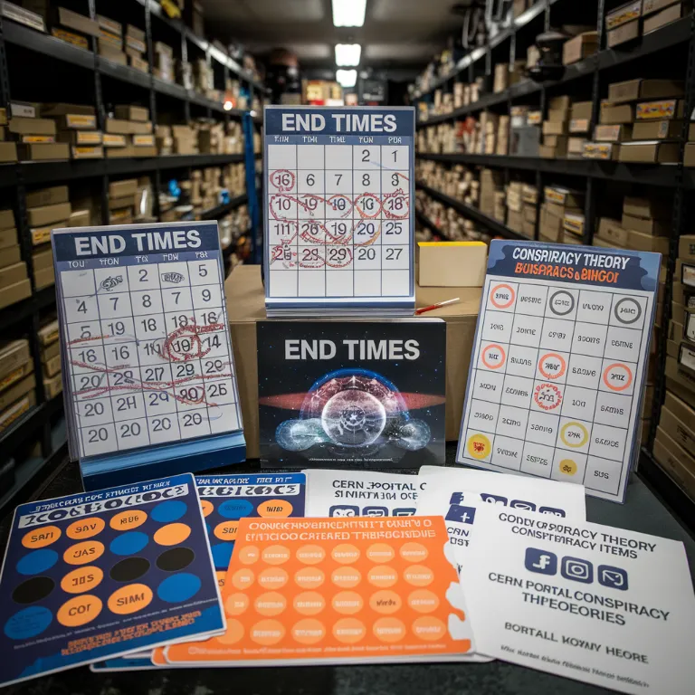 CERN portal conspiracy, A collection of confiscated items from the time-displaced theorists, including "End Times" prediction calendars, conspiracy theory bingo cards, and several half-finished blog posts about CERN portal conspiracy theories