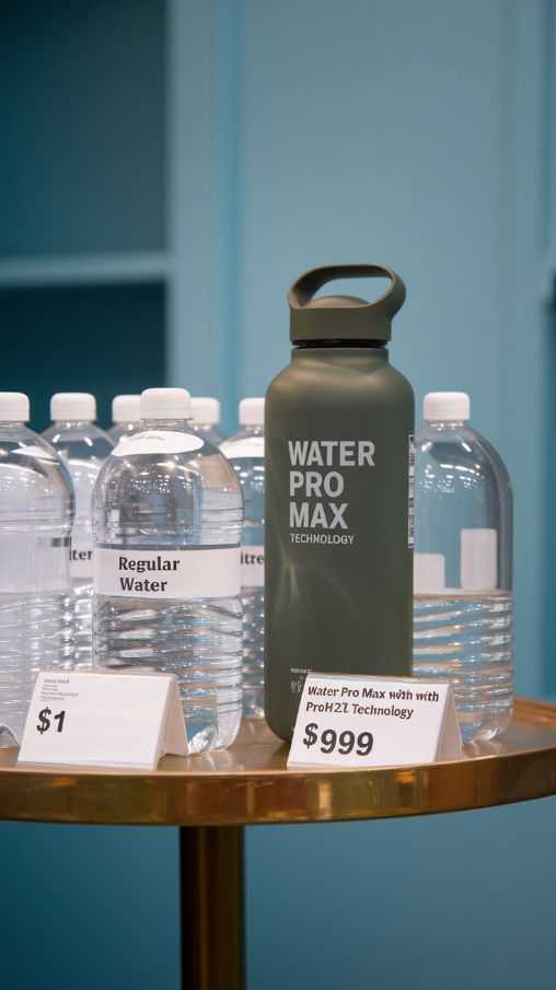 Apple Pro pricing strategy, A product lineup showing "Regular Water" ($1) vs "Water Pro Max Ultra with ProH2O Technology" ($999)