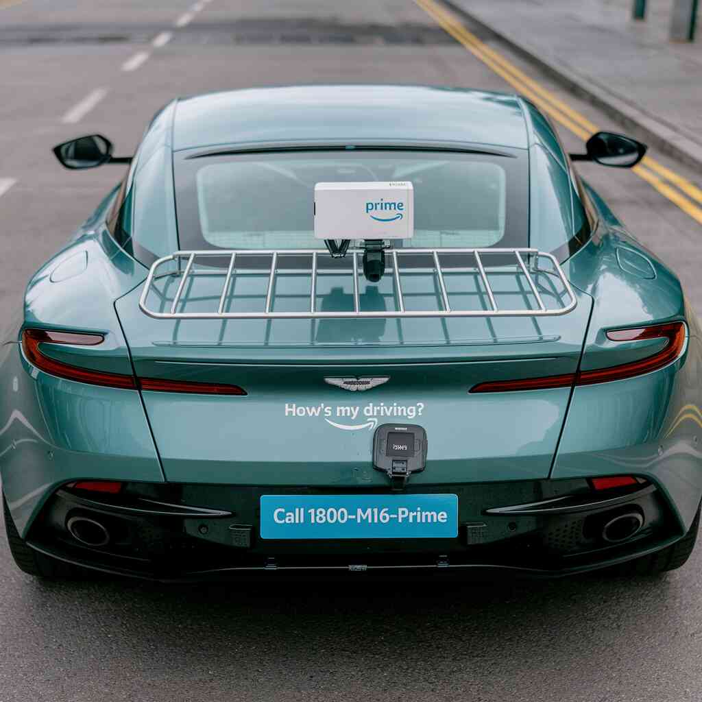 James Bond's iconic Aston Martin retrofitted with a Prime delivery rack, GPS tracker, and a "How's my driving? Call 1-800-MI6-PRIME" bumper sticker