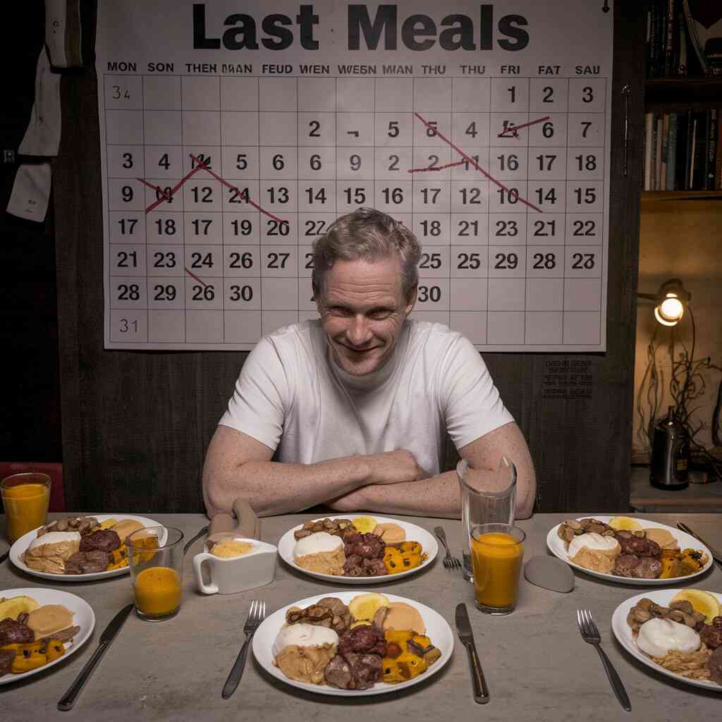 Richard Glossip smiling wryly at a table with three identical "last meals" spread before him, with a calendar on the wall showing crossed-out execution dates spanning 25 years