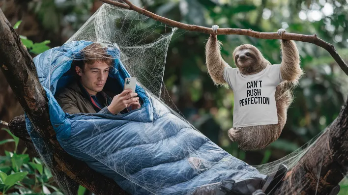 zoo animal photography tips, A photographer in a sleeping bag, covered in cobwebs, checking their Instagram while a sloth moves imperceptibly in the background wearing a "Can't Rush Perfection" t-shirt