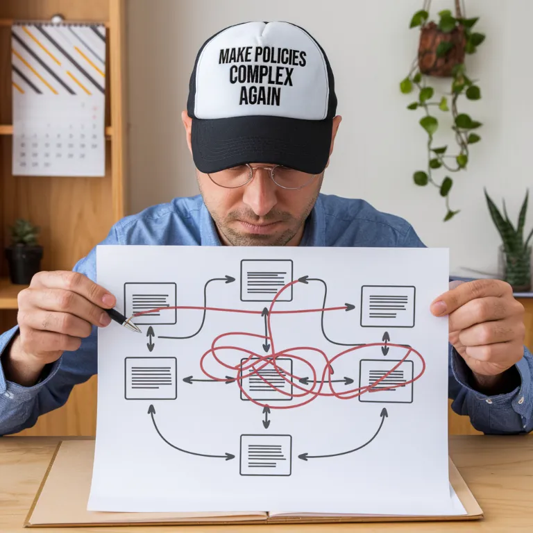 simplified education policy, A policy expert trying to complicate a straightforward flowchart by tangling it in red tape while wearing a "Make Policies Complex Again" hat