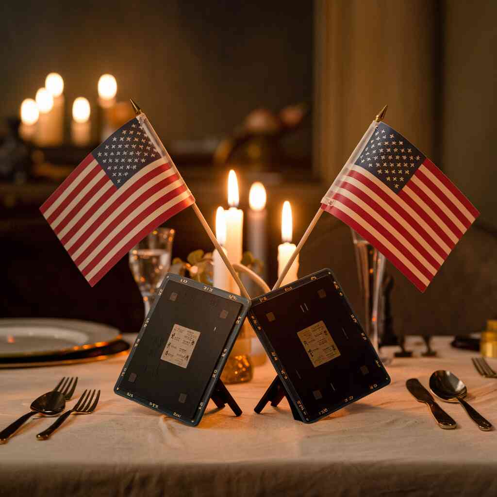 A romantic candlelit dinner table where two semiconductor wafers are positioned across from each other, with tiny American flags as table decorations