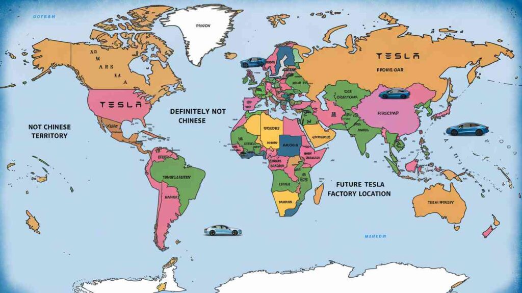 A satirical Google map where every body of water is labeled as "Definitely Not Chinese Territory" and all land masses are marked as "Future Tesla Factory Location"