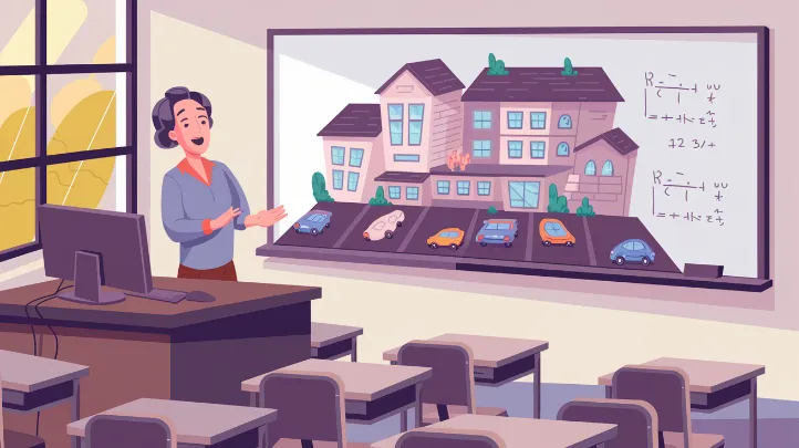PowerPoint education reform, A teacher watching in amazement as PowerPoint's auto-shape feature builds an entire school while solving differential equations