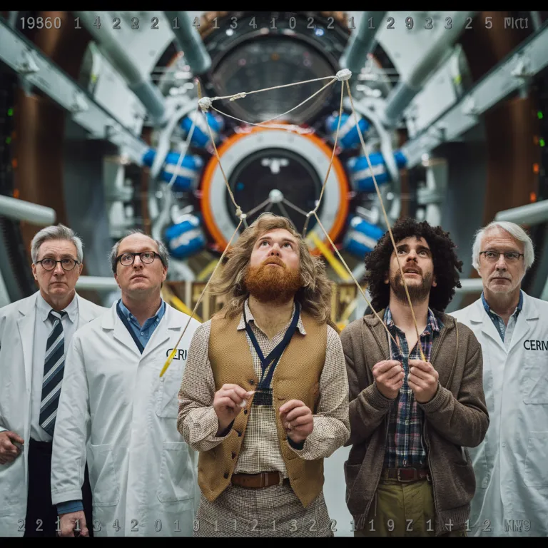 CERN portal conspiracy, A security camera still showing confused CERN scientists watching as time-displaced theorists attempt to align the particle accelerator with ley lines using dowsing rods and essential oils