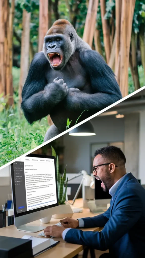 human primate behavior workplace, Split screen comparing a gorilla beating its chest vs. a middle manager aggressively typing an all-caps email