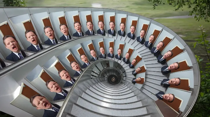 Piers Morgan dramatic exit, A surreal photo montage showing dozens of identical doors in an Escher-like spiral pattern, with multiple Piers Morgans simultaneously storming out of each one, their faces getting progressively more outraged as they spiral outward