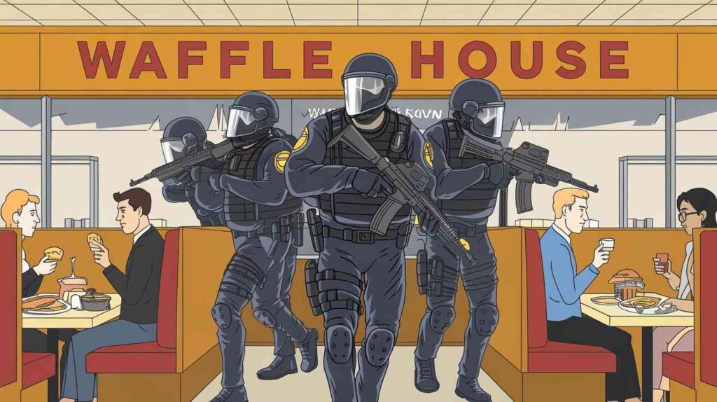 A SWAT team dramatically breaching a Waffle House at dawn, while confused customers continue eating their hash browns