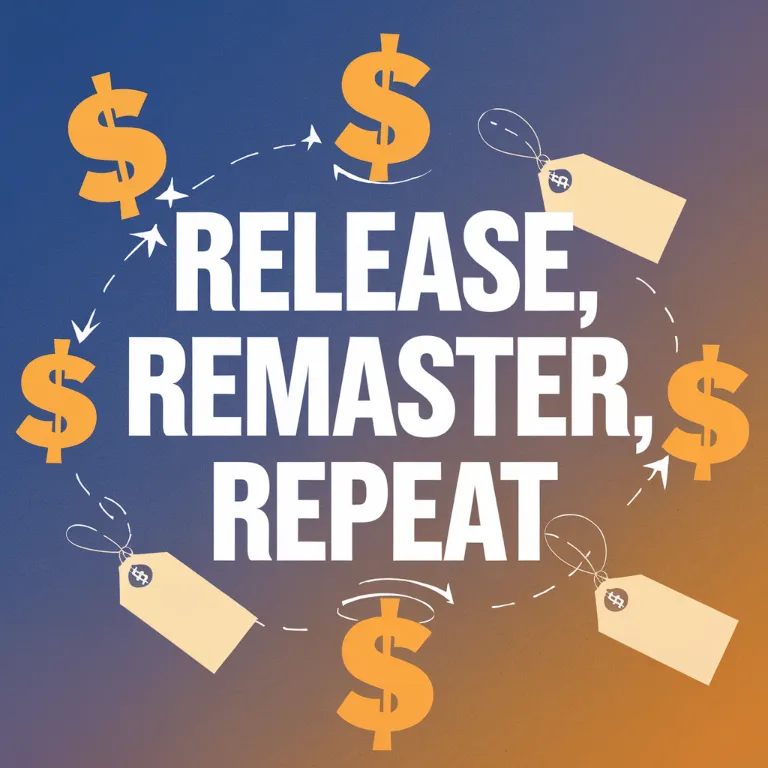 Nintendo game rereleases, A corporate vision board with just the words "RELEASE, REMASTER, REPEAT" surrounded by dollar signs and childhood memories with price tags