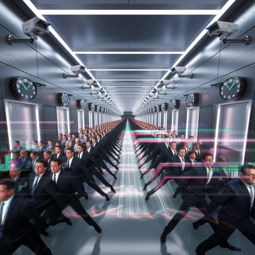 Piers Morgan dramatic exit, A long hallway of TV studios stretching to infinity, with security cameras catching Piers Morgan's dramatic exit from each studio at precisely the same moment, creating a mesmerizing domino effect