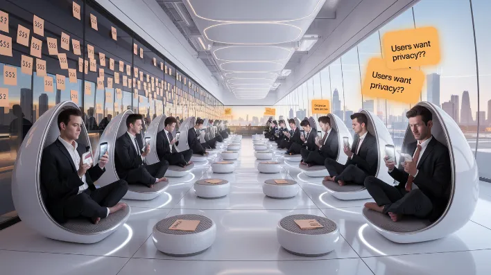 social media privacy platform, A panoramic shot of Silicon Valley executives in meditation pods, surrounded by sticky notes with "$$?" written on them, while their phones display notifications reading "Users want privacy?!"