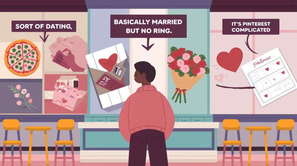 A Valentine’s Day gift scene: a person standing in front of a store display with multiple arrows pointing to different sections labeled "Sort of Dating," "Basically Married but No Ring," and "It's Pinterest Complicated" -