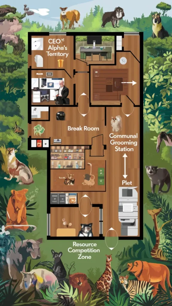 human primate behavior workplace, An office floor plan labeled like a nature documentary diagram, with arrows pointing to "Alpha's Territory (CEO Office)," "Communal Grooming Station (Break Room)," and "Resource Competition Zone (Printer Area)"